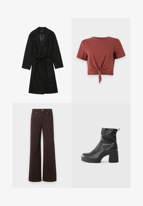 Even&Odd BELTED COAT - Casaco clássico - black; T-shirt cropped em cor ferrugem, em algodão suave, com mangas curtas e um detalhe frontal em nó. Textura suave, decote redondo.; Jeans largas castanhas com um padrão de leopardo subtil, confeccionadas em denim com uma textura suave e design clássico de cinco bolsos.; Botas de tornozelo pretas feitas de couro liso, com fecho lateral, salto grosso texturizado e design de bico arredondado.