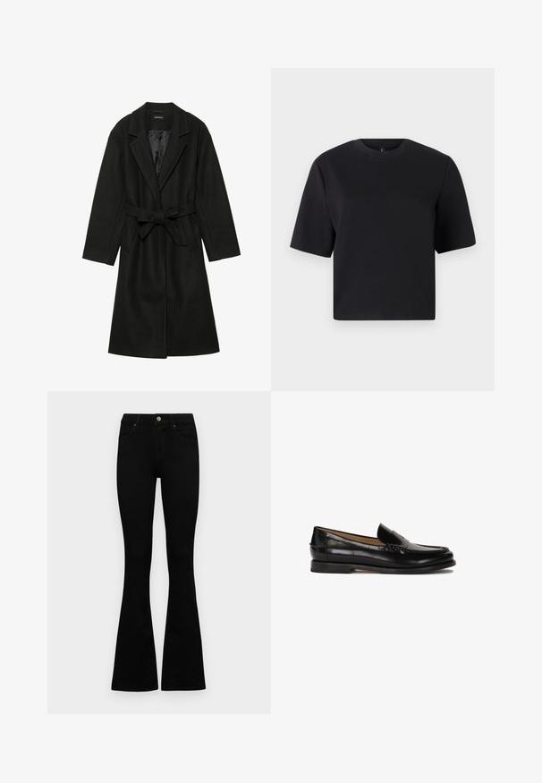 Even&Odd BELTED COAT - Classic coat - black; Black short-sleeve t-shirt, round neckline, made from smooth cotton fabric; relaxed fit, minimal design, no visible patterns or accents.; Black high-waist jeans with a button and zip closure, front pockets, and flared legs laid flat on a white background.; Black leather loafer with a rounded toe, slip-on design, and subtle stitching details along the upper. Flat rubber sole.