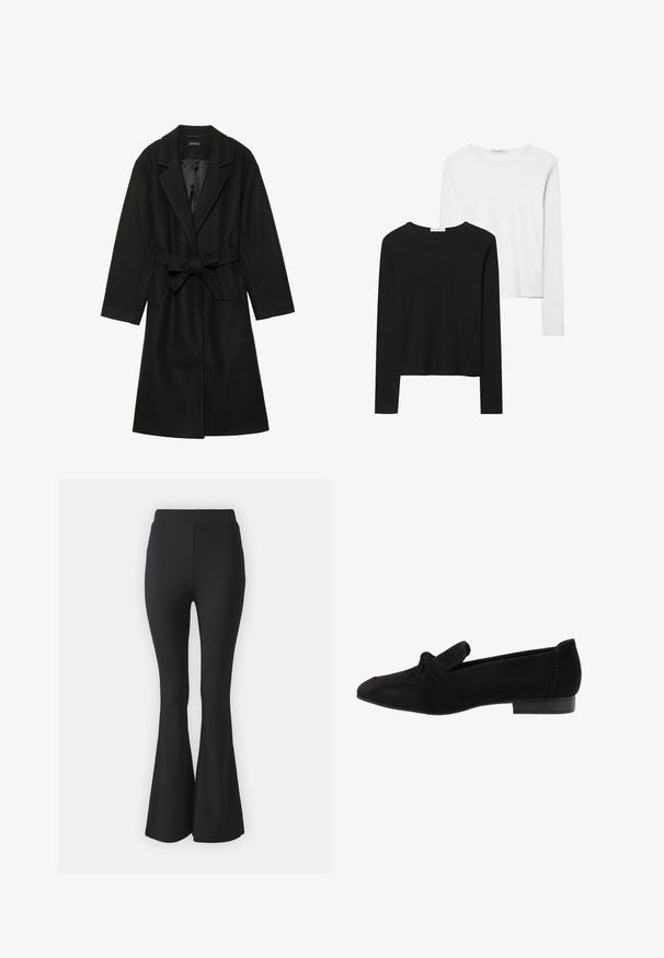 Even&Odd BELTED COAT - Klasični plašč - black; Črno-beli dolg rokav t-shirti z okroglimi izrezi, mehkim blagom in prilegajočim dizajnom z ravnimi robovi.; Črne razširjene hlače, narejene iz raztegljive tkanine. Imajo visok pas in gladek, oprijet dizajn, ki se razširi od kolena navzdol.; Črne semiš balerinke s vozlom na prstih, gladko teksturo, koničasto obliko in nizkim pravokotnim petam.