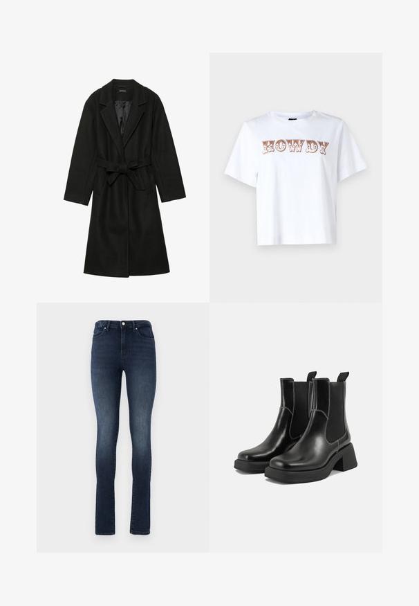 Even&Odd BELTED COAT - Klasszikus kabát - black; Fehér pamut póló rövid ujjakkal és kerek nyakú, elöl stilizált barna betűkkel írt "HOWDY" felirattal.; Sötét mosású farmernadrág, slim fit, magas derekú, öt zsebes kialakítással és fémből készült gombos záródással. Simább textúra, enyhe kopással.; Fekete bőr Chelsea csizmák masszív sarkakkal, rugalmas oldalsó panelekkel és kontrasztos fehér varrással. Texturált felület.