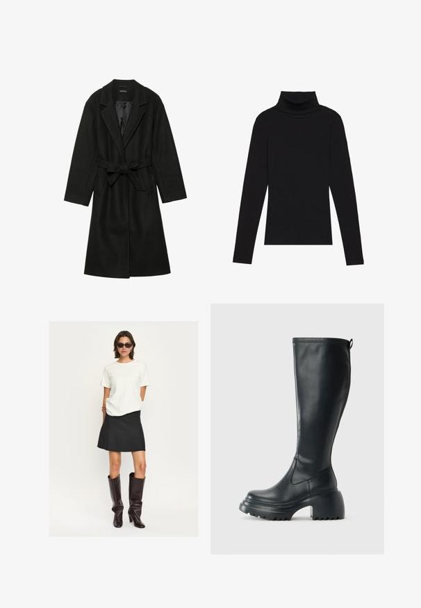 Even&Odd BELTED COAT - Mantel - black; Zwarte turtleneck met lange mouwen, gemaakt van ribbelstof, heeft een aansluitend ontwerp met een hoge hals en geen patronen of accenten.; Witte korte mouwen top gecombineerd met een zwarte flared mini rok en glanzende donkerbruine kniehoogte laarzen. De outfit heeft schone lijnen en texturen.; Hoge zwarte leren laars met een chunky plateauzool en blokhak, voorzien van een trekband en een gestructureerd profiel op de buitenzool.