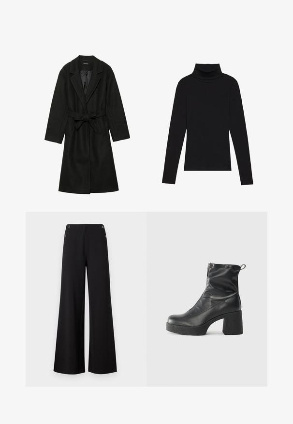 Even&Odd BELTED COAT - Klasični plašč - black; Črna majica s puloverjem in dolgimi rokavi, izdelana iz rebraste tkanine, ima prilegan kroj s visokim ovratnikom in brez vzorcev ali okrasnih elementov.; Črne hlače širokih nogavic, izdelane iz gladkega materiala, z zlatimi gumbi na pasu in čistim, minimalističnim dizajnom.; Črne gležnjarje iz gladke kože z božnim zadrgo, masivnim teksturiranim peto in zaobljeno obliko prstov.