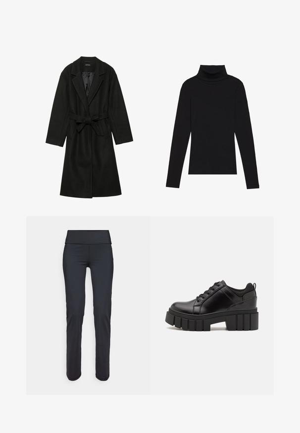 Even&Odd BELTED COAT - Casaco clássico - black; Top de gola alta de manga longa, preto, feito de tecido canelado, apresenta um design justo com um decote elevado e sem padrões ou detalhes.; Leggings atléticos pretos com uma cintura larga e suave. Feitas de um tecido elástico, apresentam um design elegante e afunilado, sem padrões visíveis.; Sapatos de plataforma em couro preto com um salto bloco robusto, bico redondo e design clássico de atacadores. Apresentam uma textura suave e detalhes mínimos.