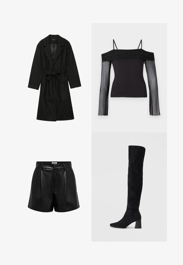 Even&Odd BELTED COAT - Cappotto classico - black; Top nero off-shoulder con spalline sottili e maniche lunghe trasparenti in tessuto a rete translucido.; Shorts neri in finta pelle a vita alta con passanti per cintura, pieghe frontali e chiusura con zip nascosta, etichettati "ONLY" all'interno della vita.; Stivale in suede nero alto fino al ginocchio con tacco a blocco, punta affusolata e design liscio e senza cuciture su uno sfondo chiaro e semplice.