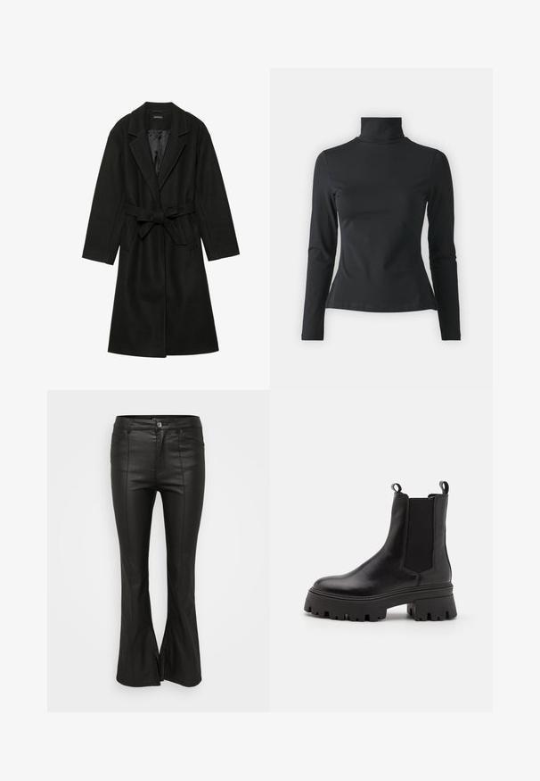 Even&Odd BELTED COAT - Classic coat - black; Even&Odd Petite Long sleeved top - black; Black flared pants with a shiny, leather-like texture, featuring front pockets, a button closure, and side slits at the hem.; Zign Platform ankle boots - black