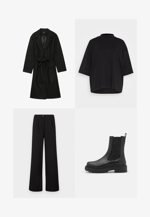 Even&Odd BELTED COAT - Klassikaline mantel - black; Must musta särk kõrge kaelusega, lühikeste liblikakujuliste varrukatega ja lõdva, ruudukujulise siluettiga. Sile tekstuur ja ümar hemline.; Mustad kõrge vöökohaga laiad püksid, millel on esine nupp ja tõmblukk, ning vöökohal on peened voldid.; Must mustankad mustad nahkkingad, millel on elastsed külgpaneelid, paks kummiplaan ja tõmbenööridega. Sile tekstuur ja elegantne disain.