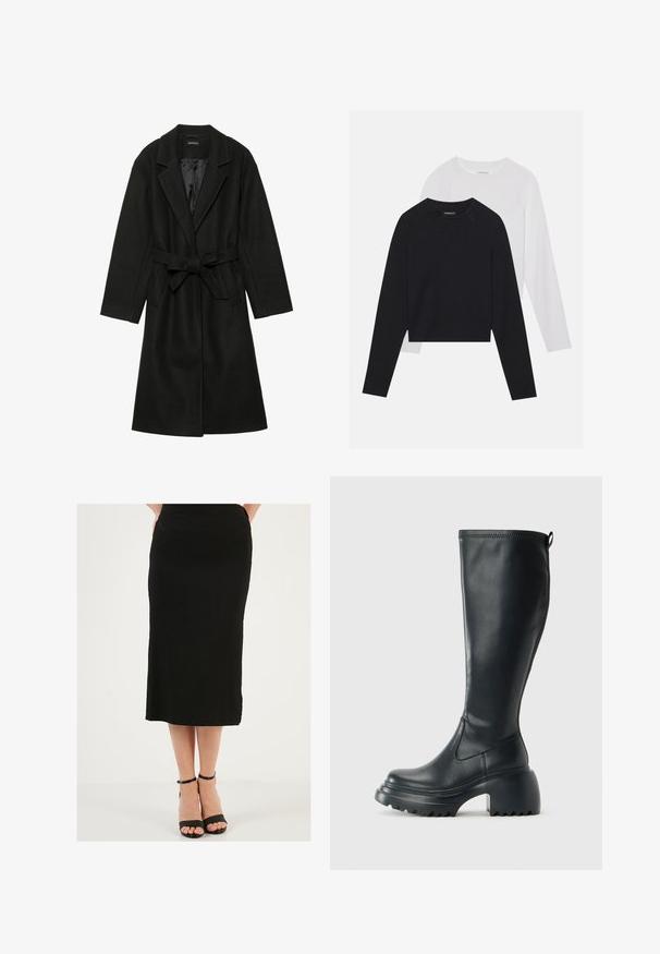 Even&Odd BELTED COAT - Mantel - black; Twee langemouwen shirts: een zwarte en een witte. Beide hebben een ronde hals, raglanmouwen en zijn gemaakt van een zachte katoenmix.; Zwarte midi-rok gemaakt van textiel met een soepele tailleband. Gecombineerd met zwarte strappy hakken met een dunne enkelband.; Hoge zwarte leren laars met een chunky plateauzool en blokhak, voorzien van een trekband en een gestructureerd profiel op de buitenzool.