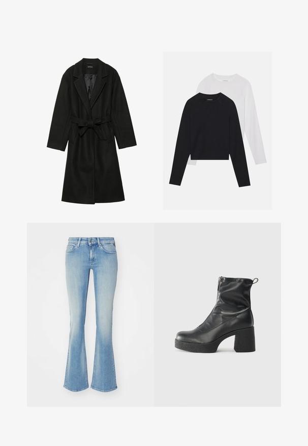 Even&Odd BELTED COAT - Abrigo clásico - black; Dos camisetas de manga larga: una negra y una blanca. Ambas cuentan con un cuello redondo, mangas raglán y una suave mezcla de algodón.; Jeans acampanados de un azul claro en denim desgastado, con cinco bolsillos, cremallera y pasadores para cinturón. La tela tiene un acabado suave y ligeramente texturizado.; Botines negros de tobillo, hechos de cuero suave, con cierre lateral, tacón grueso texturizado y diseño de punta redondeada.