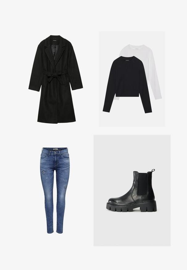 Even&Odd BELTED COAT - Klassinen takki - black; Kaksi pitkähihasta paitaa: yksi musta ja yksi valkoinen. Molemmissa on pyöreä kaula-aukko, raglan-hihat ja pehmeä puuvillasekoitekangas.; Vyötäröidu siniset denimmihikkaat, joissa on haalistuneita alueita ja kuluneita yksityiskohtia. Niissä on perinteinen viisi taskua -muotoilu ja nappisulku.; Musta nahkasaapas nilkkamittaisena joustavilla sivupaneeleilla, paksulla urasohjalla ja vetonauhalla vaaleanharmaalla taustalla, sivuprofiilinä.