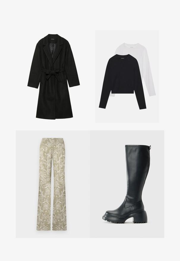 Even&Odd BELTED COAT - Classic coat - black; Two long-sleeved shirts: one black and one white. Both feature a crew neck, raglan sleeves, and a soft cotton blend fabric.; Flared trousers in light green fabric with a white floral pattern. Features an elastic waistband and a textured surface.; Tall black leather boot with chunky platform sole and block heel, featuring pull tab and textured tread on outsole.