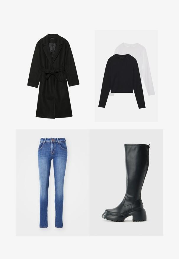 Even&Odd BELTED COAT - Klassikaline mantel - black; Kaks pikade varrukatega särki: üks must ja teine valge. Mõlemal on ümar kaelus, raglanvarrukad ja pehme puuvillasegu kangas.; Kitsad teksad keskmise sinise värvusega, valmistatud denimkangast. Omavad viit taskut, nööbiga sulgemist ja peent pleekimist põlvede lähedal.; Kõrge must nahksaapad, millel on massiivne platvormi tald ja blokk-kand, varustatud tõmbenööriga ja tekstuuriga väljatõmbejääk.