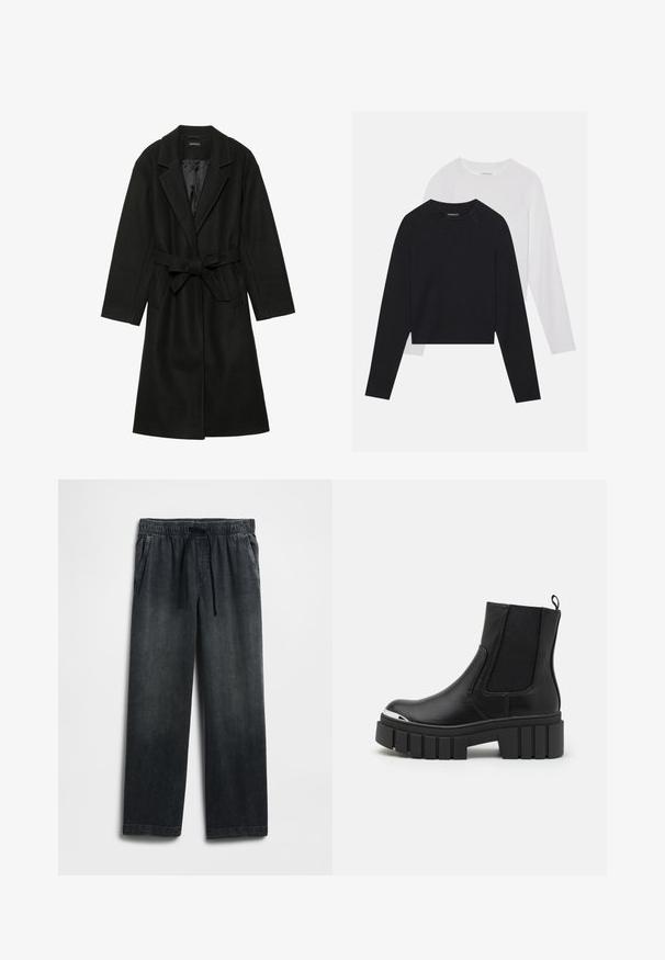 Even&Odd BELTED COAT - Klasszikus kabát - black; Két hosszúujjú póló: az egyik fekete, a másik fehér. Mindkettő kerek nyakú, raglán ujjal és puha pamutkeverék anyaggal készült.; Fekete farmernadrág rugalmas derékrésszel és húzózsinórral, bő szárú fazonnal és enyhe kopással. Két oldalzsebbel ellátva.; Fekete boka csizmák sima bőrből, elasztikus panelek, vastag platform talp és fém orrrész jellemzi őket.