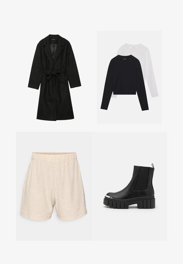 Even&Odd BELTED COAT - Klassisk frakke - black; To lange langærmede skjorter: en sort og en hvid. Begge har en rund halsudskæring, raglanærmer og et blødt bomuldsblandingsstof.; Beige, teksturerede shorts med elastisk talje. Har diskrete lodrette striber og et afslappet, lige snit. Ingen lommer.; Sorte ankelstøvler lavet af glat læder med elastiske paneler, en tyk platformssål og en metallisk tåkap.