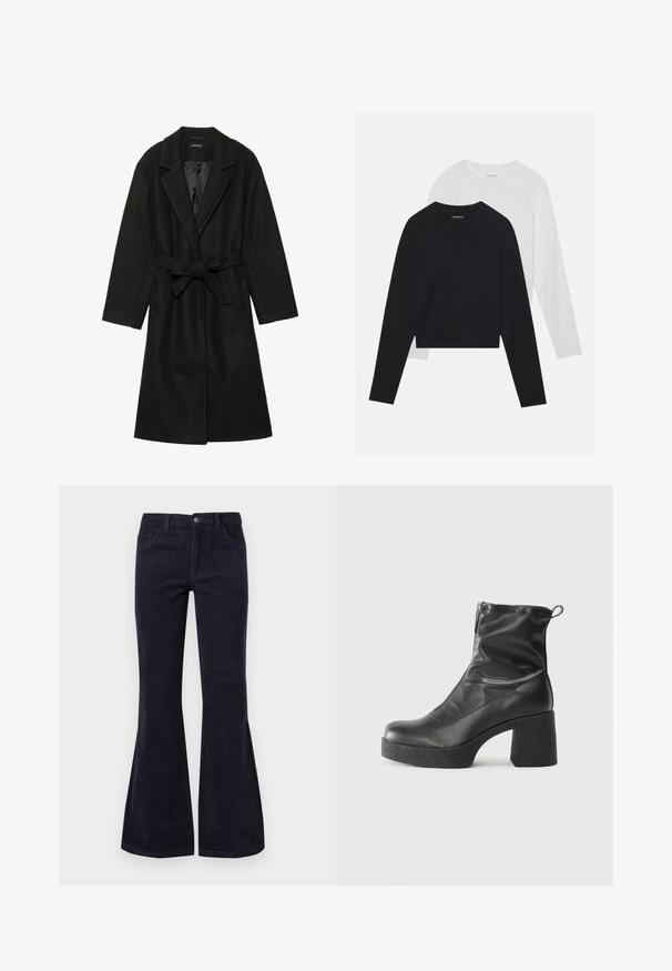 Even&Odd BELTED COAT - Klasičan kaput - black; Dvije majice dugih rukava: jedna crna i jedna bijela. Obje imaju okrugli izrez, raglan rukave i mekani pamuk korišten za izradu.; Široke tamnoplave kord pantalone imaju visoki struk, pet džepova i zakopčavanje na dugme, sa mekanom teksturom i rebrastim uzorkom.; Crne gležnjače od glatke kože, s bočnim zatvaračem, debelim teksturiranim potplatom i dizajnom s zaobljenim prstima.