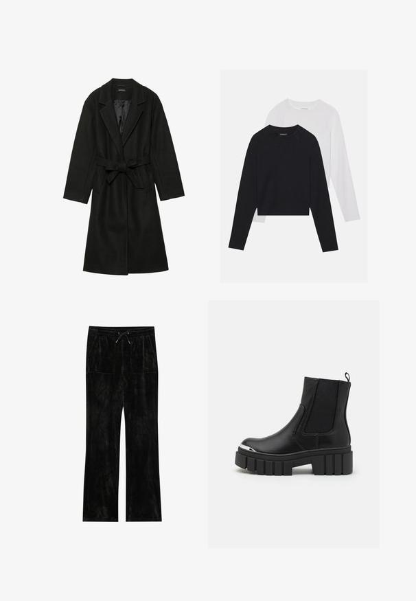 Even&Odd BELTED COAT - Klassischer Mantel - black; Zwei langärmelige Hemden: eines schwarz und eines weiß. Beide haben einen Rundhals, Raglanärmel und bestehen aus einem weichen Baumwollmischgewebe.; Schwarze Velourhosen mit samtiger Textur, weitem Bein-Design, elastischem Taillenbund, Kordelzugverschluss und zwei vorderen Taschen.; Schwarze Knöchelstiefel aus glattem Leder mit elastischen Einsätzen, einer dicken Plattformsohle und einer metallischen Zehenkappe.