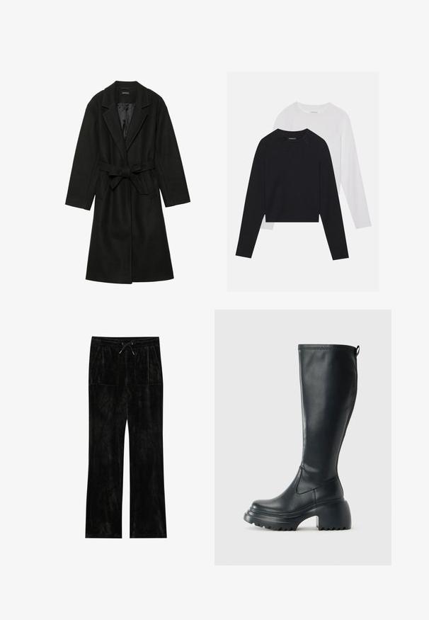 Even&Odd BELTED COAT - Palton clasic - black; Două cămăși cu mâneci lungi: una neagră și una albă. Ambele au guler rotund, mâneci raglan și sunt realizate dintr-un amestec moale de bumbac.; Pantaloni negri din velur cu o textură moale, design cu picior larg, talie elastică, închidere cu șnur și două buzunare frontale.; Cizme lungi din piele neagră cu talpă platformă masivă și tocul pătrat, având un tab de tragere și un model texturat pe talpa exterioară.