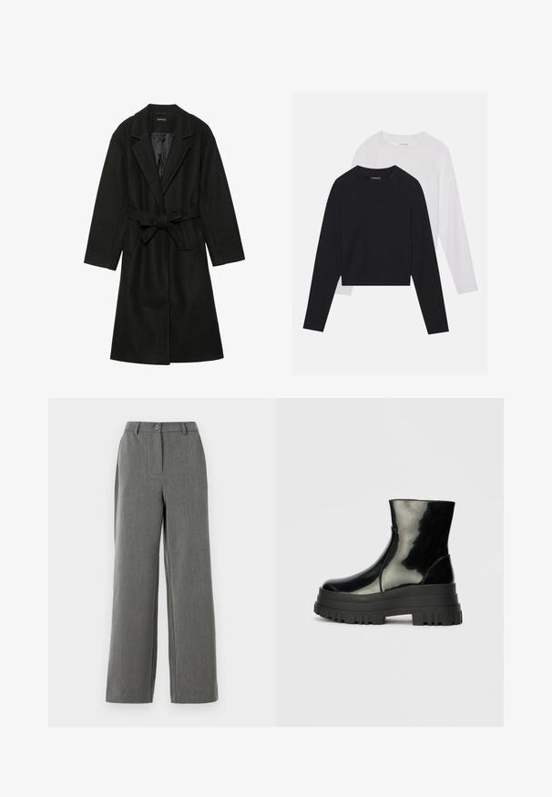 Even&Odd BELTED COAT - Klasični plašč - black; Dve dolge majice z dolgimi rokavi: ena črna in ena bela. Obe imata okroglo ovratnico, raglan rokave in mehko mešanico bombaža.; Sive široke hlače s teksturiranim zaključkom, z gumbom na pasu in čistim, krojenim silhuetom.; Črne sijajne gležnjarje z debelim profilom podplata in zaobljenim nosom, stranski pogled na enostavni svetlo sivi ozadju.