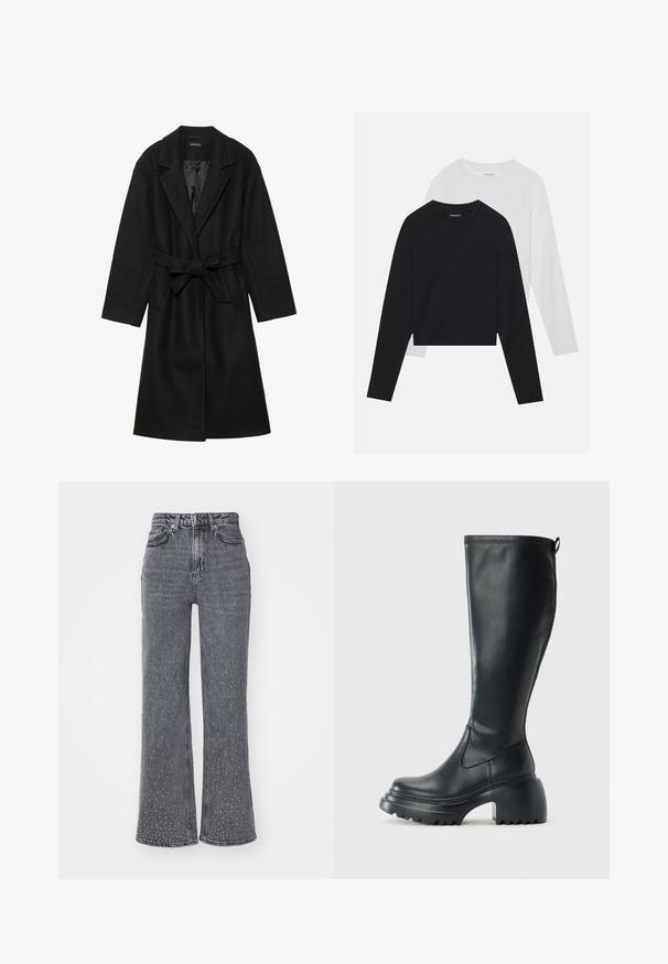 Even&Odd BELTED COAT - Klasični plašč - black; Dve dolge majice z dolgimi rokavi: ena črna in ena bela. Obe imata okroglo ovratnico, raglan rokave in mehko mešanico bombaža.; Sive kavbojske flare jeans z visokim pasom, ki imajo diskreten pikčast vzorec in zasnovo s petimi žepi. Oprane teksture blizu roba.; Visoka črna usnjena škornja s debelim podplatnim solejem in blok peto, opremljena s potegom in strukturiranim profilom na podplatu.