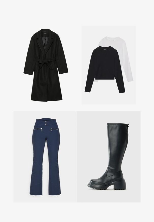 Even&Odd BELTED COAT - Klasszikus kabát - black; Két hosszúujjú póló: az egyik fekete, a másik fehér. Mindkettő kerek nyakú, raglán ujjal és puha pamutkeverék anyaggal készült.; Sötétkék, trapézszabású nadrág magas derékkal, két cipzáras elülső zsebbel és hasonló színű varrási részletekkel. Simább, rugalmasságot biztosító anyag.; Magas fekete bőrcipő, vastag platform talppal és blokk sarokkal, húzófüllel és texturált profillal az outsole-on.