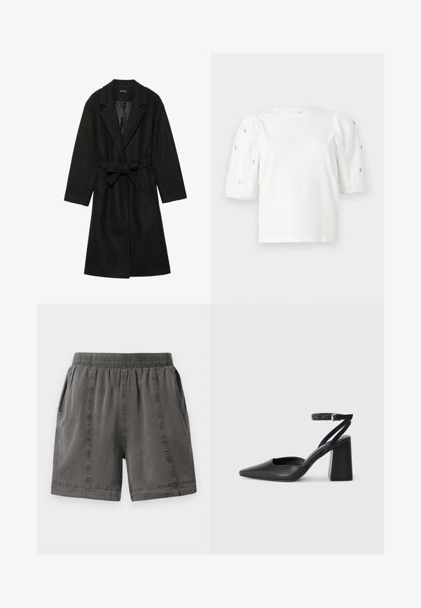 Even&Odd BELTED COAT - Abrigo clásico - black; Camiseta de algodón blanca con mangas cortas tipo globo, que presenta pequeños adornos plateados en las mangas. Cuello redondo clásico, corte holgado.; Pantalones cortos de mezcla de algodón en gris con cintura elástica, bolsillos laterales y detalle de costura a lo largo de las costuras. Textura suave y ajuste casual.; Zapato de tacón puntiagudo de cuero negro con tira en el tobillo y tacón ancho. Textura plana, diseño elegante y estética minimalista.
