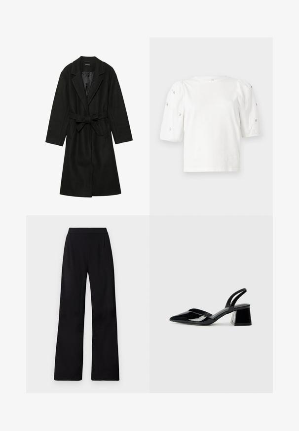 Even&Odd BELTED COAT - Klassisk kåpe / frakk - black; Hvit bomull T-skjorte med korte pufferm, med små sølvdekorasjoner langs ermene. Klassisk rund hals, avslappet passform.; Sorte vide bukser laget av et glatt, lett stoff. Har høy midje og frontfolder for ekstra struktur.; Svarte patentlær slingback hæler med spiss tå og geometrisk blokk hæl. Har et stilrent, minimalistisk design og jevn tekstur.