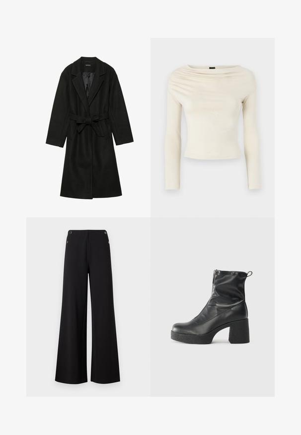 Even&Odd BELTED COAT - Klassisk kåpe / frakk - black; Gina Tricot Topper langermet - turtledove; Sorte vide bukser laget av glatt stoff, med gullfargede knappeakenter ved midjen og et rent, minimalistisk design.; Svarte ankelstøvler laget av glatt lær, med glidelås på siden, chunky strukturert hæl, og rund tå-design.