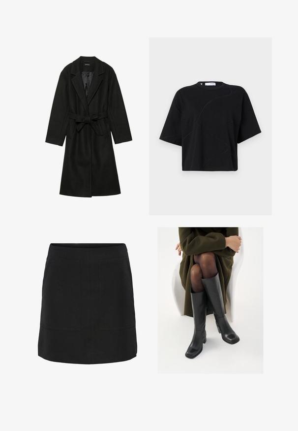 Even&Odd BELTED COAT - Klasszikus kabát - black; Fekete, rövidujjú póló kerek nyakkivágással, finoman ívelt varrásmintákkal és lazán, dobozszerű szabással. Pamut anyag.; Fekete, egyenes szabású szoknya, két elülső zsebbel és letisztult megjelenéssel. Kellemes tapintású anyagból készült, minimális részletezéssel.; Térdfelett érő fekete bőr csizmák négyzet alakú orral és tömbtalppal, olajzöld kabátban ülő modellel bemutatva. Simaság, minimalista részletezés.