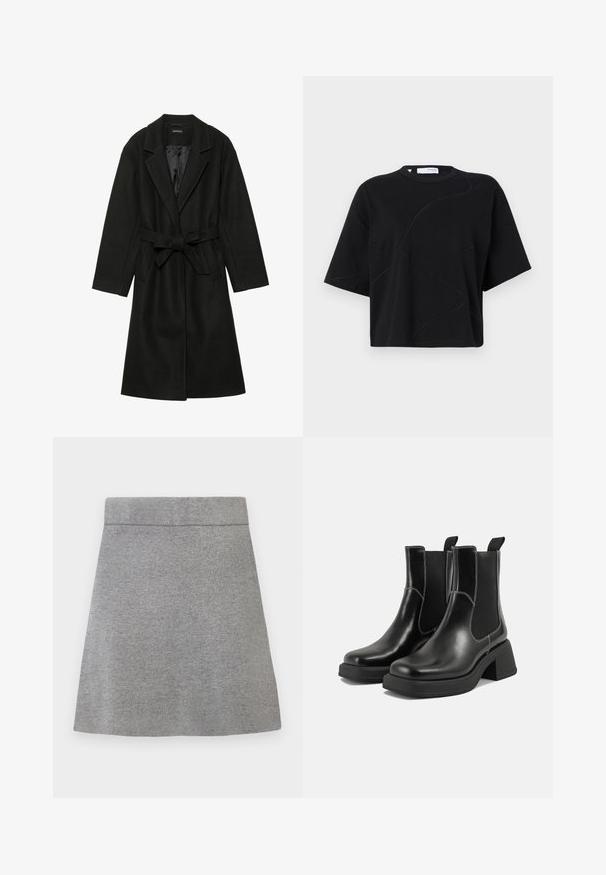 Even&Odd BELTED COAT - Klasszikus kabát - black; Fekete, rövidujjú póló kerek nyakkivágással, finoman ívelt varrásmintákkal és lazán, dobozszerű szabással. Pamut anyag.; Szürke kötött A vonalú szoknya széles derékkal és sima textúrával, egy fehér háttér előtt bemutatva.; Fekete bőr Chelsea csizmák masszív sarkakkal, rugalmas oldalsó panelekkel és kontrasztos fehér varrással. Texturált felület.