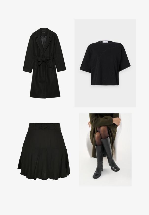 Even&Odd BELTED COAT - Manteau classique - black; T-shirt noir à manches courtes avec un col rond, arborant des motifs de coutures courbes subtils et une coupe décontractée et ample. Tissu en coton.; Jupe noire avec un design évasé, arborant un détail à taille nouée et un tissu léger, créant des drapés doux à l'ourlet.; Bottes en cuir noires arrivant au genou, avec un bout carré et un talon carré, présentées sur un modèle assis dans un manteau vert olive. Texture lisse, détails minimaux.