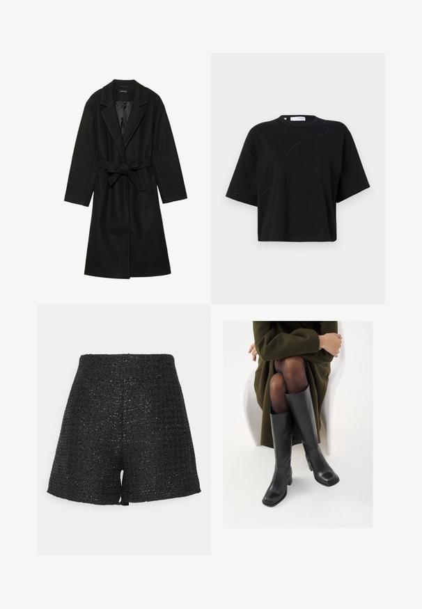 Even&Odd BELTED COAT - Klassikaline mantel - black; Must särg lühikeste varrukatega, ümmarguse kaelusega, millel on peened, kumerad tikandimustrid ja lõdvestunud, kastiline lõige. Puuvillane kangas.; Mustritud mustad lühikesed püksid, millel on tekstureeritud viimistlus ja peene sära. Omavad kõrget vööd ja struktureeritud A-lainelist siluetti.; Knee-high mustad nahast saapad nelinurkse varbaga ja plokilise kontsaga, esitatud mudeli kõrval, kes istub oliivirohelises mantlis. Sujuv tekstuur, minimaalne detailide arv.