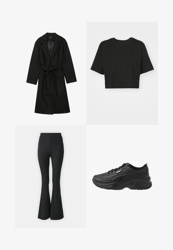 Even&Odd BELTED COAT - Klasický kabát - black; Černé zkrácené tričko vyrobené z měkké bavlny. Má kulatý výstřih, krátké rukávy a volný střih bez vzorů nebo akcentů.; Černé rozšířené kalhoty vyrobené z elastického materiálu. Mají vysoký pas a hladký, přiléhavý design, který se rozšiřuje od kolene dolů.; Černé sportovní boty vyrobené z hladké kůže, s polstrovaným límcem, zaoblenou špičkou, šňůrkami a logem Puma na boku.