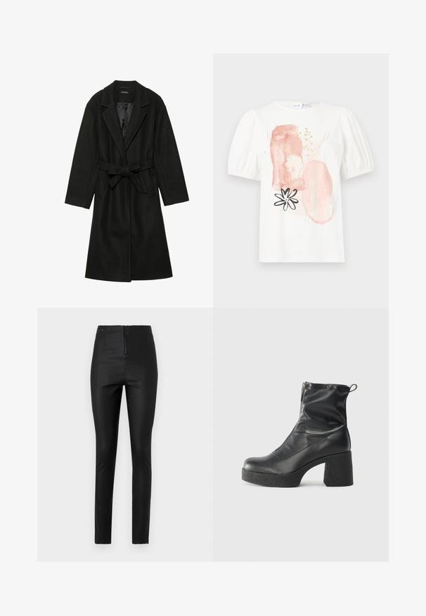 Even&Odd BELTED COAT - Klasični plašč - black; Bela kratka majica s kratkimi rokavi in napihnjenimi rameni, okrašena z abstraktnimi rožnatimi in zlatimi vzorci ter črno cvetlično zasnovo spredaj.; Črne oprijete hlače iz gladkega materiala, s sprednjim zadrgo in visokim pasom ter minimalističnimi detajli.; Črne gležnjarje iz gladke kože z božnim zadrgo, masivnim teksturiranim peto in zaobljeno obliko prstov.