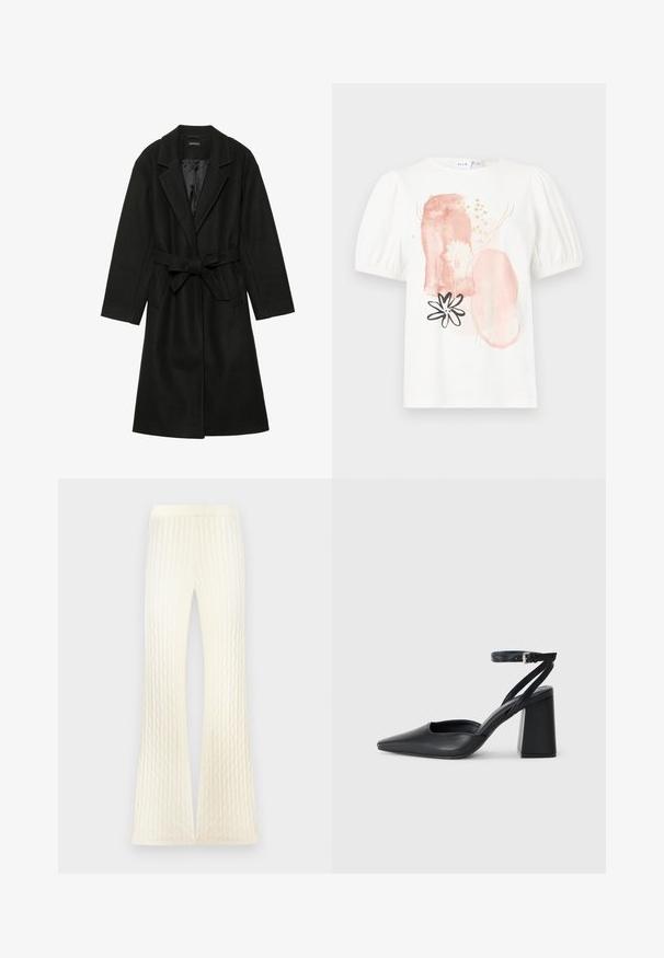 Even&Odd BELTED COAT - Classic coat - black; White short-sleeve top with puffed shoulders, featuring abstract pink and gold patterns and a black flower design on the front.; Knit cream-colored pants with a cable texture, featuring a flared leg design and front slits for a modern look. Soft, stretchy fabric.; Black leather pointy-toe pump with an ankle strap and a chunky heel. Flat texture, sleek design, and minimalistic aesthetics.