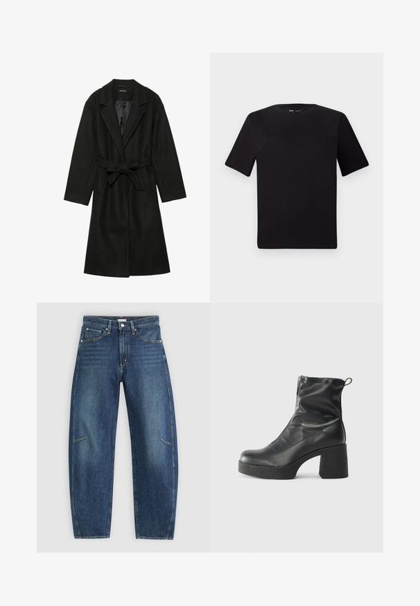 Even&Odd BELTED COAT - Casaco clássico - black; T-shirt preta de mangas curtas com decote redondo, feita de tecido de algodão suave. Design simples, sem logótipos ou padrões visíveis.; Jeans de ganga azul-escuro com um design de perna reta, apresentando bolsos frontais, costura em contraste e uma textura ligeiramente desbotada nas pernas.; Botas de tornozelo pretas feitas de couro liso, com fecho lateral, salto grosso texturizado e design de bico arredondado.