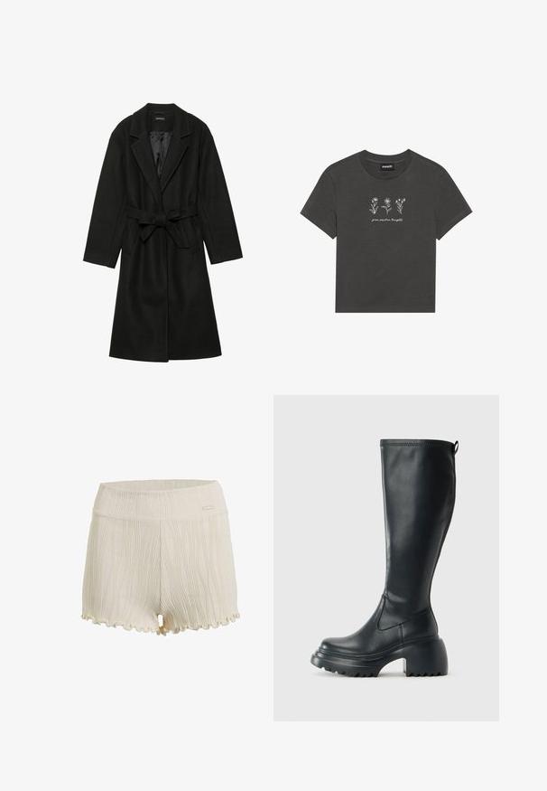 Even&Odd BELTED COAT - Palton clasic - black; Tricou gri cărbune din bumbac moale, cu flori brodate albe și textul "grow positive thoughts" (cultivă gânduri pozitive) sub design.; Shorts din bumbac de culoare albă murdară, cu linii verticale texturate, margine ondulată și un talie netedă cu un mic accent logo.; Cizme lungi din piele neagră cu talpă platformă masivă și tocul pătrat, având un tab de tragere și un model texturat pe talpa exterioară.