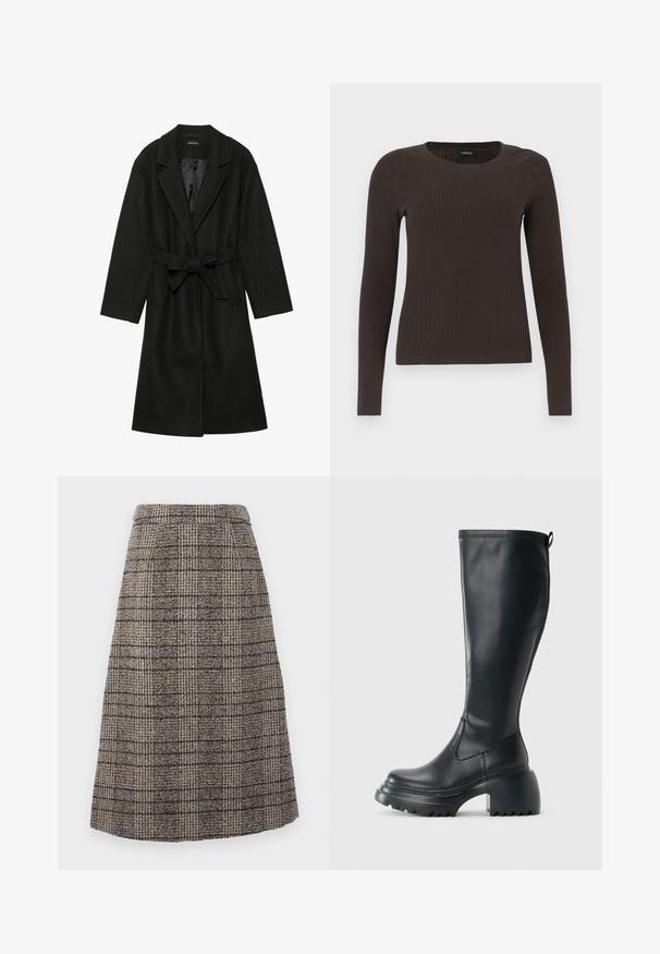 Even&Odd BELTED COAT - Klassisk kåpe / frakk - black; Brun, langermet ribbestrikket topp med rund hals. Laget av et glatt, elastisk materiale, med en tettsittende silhuett og minimalt med detaljer.; Penne skjørt i ullblanding med et brunt og grått rutemønster, strukturert design og en ren finish ved kanten.; Høy svart lærstøvel med chunky plattformsåle og blokkhelt, med trekkstang og teksturert mønster på yttersålen.