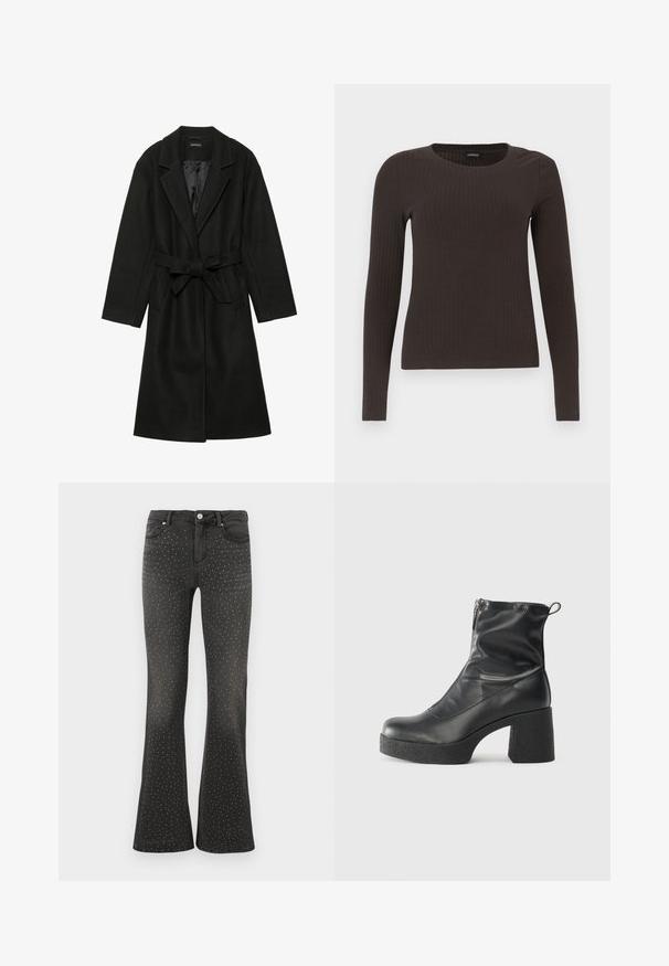 Even&Odd BELTED COAT - Cappotto classico - black; Top marrone a maniche lunghe con scollo rotondo. Realizzato in un materiale liscio e elasticizzato, presenta una silhouette aderente e dettagli minimi.; Jeans neri a zampa d'elefante in denim, decorati con borchie bianche su tutta la superficie. Vita alta con styling a cinque tasche standard e zip.; Stivali neri alla caviglia in pelle liscia, con zip laterale, tacco spesso e texture, e punta arrotondata.