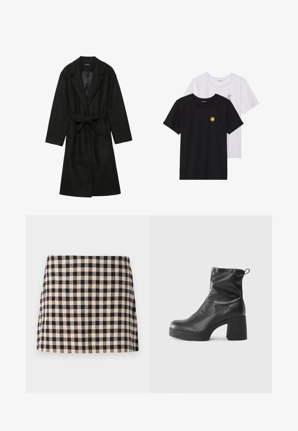 Even&Odd BELTED COAT - Klassikaline mantel - black; Mustvalged ja valged T-särgid, ümar kaelus, lühikesed varrukad. Must särgile on tikitud kollane päike; valgel särgil on lillakate poolkuu aktsent.; Mustvalge ruuduline seelik sirge lõikega, millel on sile tekstuur ja hem, mis ulatub üle põlve. Ilma metalldetailide ja akendita.; Mustad mustad ansapüksid, mis on valmistatud siledast nahast, külje zipperiga, paksu tekstuuriga kontsaga ja ümmarguse nina disainiga.