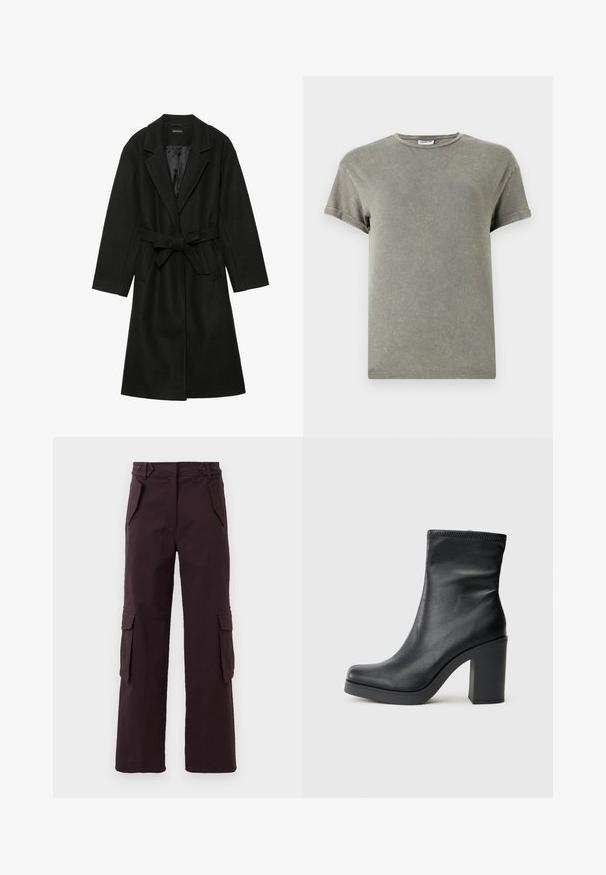 Even&Odd BELTED COAT - Klasični plašč - black; Zbledele zelena majica, kratki rokavi, okrogli izrez, mehak bombažni material, rahlo obrabljen videz, sproščen kroj.; Temno vijolične cargo hlače ravnega kroja z žepi z ovratnikom na straneh, poševnimi prednjimi žepi in zankami za pas pri pasu.; Črne usnjene gležnjarje z visokim blokastim petam, gladko teksturo, prilagojeno zasnovo in šivi na vrhu.