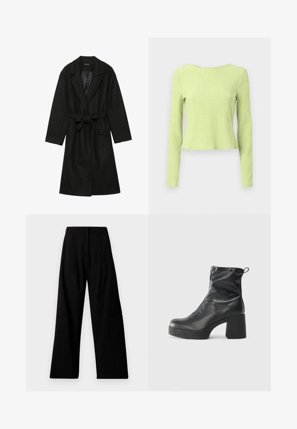 Even&Odd BELTED COAT - Klasikinis paltas - black; Ilgų rankovių trumpas megztinis iš tekstūruotos šviesiai žalios medžiagos, su laivagalio iškirpte ir šiek tiek prigludusia siluetu. Nėra matomų raštų ar akcentų.; Platūs juodos spalvos kelnių su aukštu liemeniu, turinčiais klosčius, paslėptą priekinį užsegimą ir minimalius logotipus kairėje koja.; Juodos kulkšninių botai, pagaminti iš lygaus odos, su šoniniu užtrauktuku, masyviu tekstūruotu kulnu ir apvaliu pirštu.