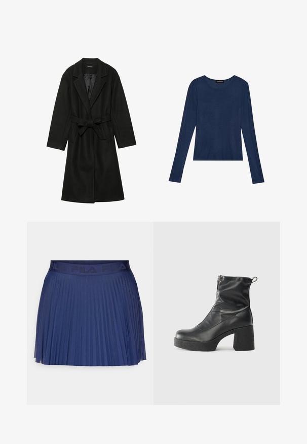 Even&Odd BELTED COAT - Abrigo clásico - black; Top de manga larga navy en tejido suave, con escote redondo y costuras planas en las mangas, con un ajuste relajado.; Falda plisada de color marino hecha de una tela ligera, con una cinturilla elástica que lleva el logo "FILA". Diseño fluido con plisados verticales para mayor movimiento.; Botines negros de tobillo, hechos de cuero suave, con cierre lateral, tacón grueso texturizado y diseño de punta redondeada.