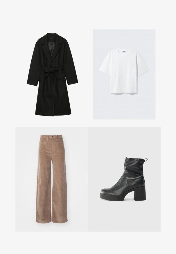 Even&Odd - Klasyczny płaszcz; Biała krótka koszulka z miękkiej bawełny, z okrągłym dekoltem i luźnym krojem, z prostym wykończeniem, gładka, bez wzorów i grafik.; ONLY - Spodnie materiałowe; Czarne botki za kostkę wykonane z gładkiej skóry, wyposażone w boczny zamek błyskawiczny, masywny teksturowany obcas oraz zaokrąglony czubek.