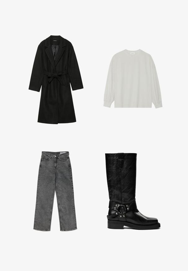 Even&Odd BELTED COAT - Κλασικό παλτό - black; Ανοιχτό γκρι μακρυμάνικη μπλούζα φτιαγμένη από μαλακό βαμβάκι. Έχει χαλαρή εφαρμογή, στρογγυλή λαιμόκοψη και ελαφρώς συγκεντρωμένα μανίκια. Χωρίς σχέδια ή γραφικά.; Φαρδιές γκρι τζιν παντελόνες από τζιν με ελαφριά εφέ πλυσίματος, διαθέτοντας πέντε τσέπες, ραμμένες ραφές και κλείσιμο με κουμπί μπροστά.; Pavement ANGELINA - Μπότες cowboy/Biker - black crinkle