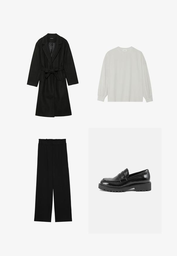 Even&Odd BELTED COAT - Casaco clássico - black; Camisola de manga longa cinza clara, feita de algodão suave. Apresenta um corte solto, decote redondo e punhos ligeiramente franzidos. Sem padrões nem gráficos.; Calças largas pretas com um cinto franzido, apresentando dois bolsos laterais e um tecido suave e leve. Sem padrões ou ferragens visíveis.; Sandalho de verniz preto com biqueira estruturada, faixa decorativa ao longo do peito do pé e sola espessa e robusta. Acabamento liso e brilhante.