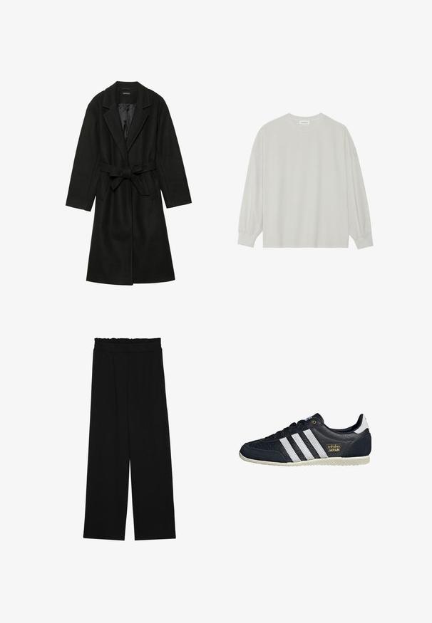 Even&Odd BELTED COAT - Casaco clássico - black; Camisola de manga longa cinza clara, feita de algodão suave. Apresenta um corte solto, decote redondo e punhos ligeiramente franzidos. Sem padrões nem gráficos.; Calças largas pretas com um cinto franzido, apresentando dois bolsos laterais e um tecido suave e leve. Sem padrões ou ferragens visíveis.; Tênis de couro preto com três listras brancas, acabamento texturizado, logótipo dourado "adidas JAPAN" e sola de borracha com padrão antiderrapante.