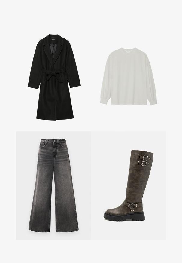 Even&Odd BELTED COAT - Classic coat - black; Light gray long-sleeve t-shirt made of soft cotton. Features a loose fit, round neckline, and gently gathered cuffs. No patterns or graphics.; Wide-leg black denim jeans with a faded wash, five-pocket design, and a button closure at the waistband, featuring stitched accents.; RAID DERRY - High heeled boots - grey