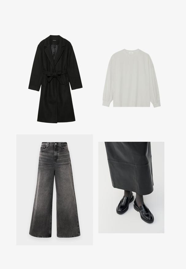 Even&Odd BELTED COAT - Classic coat - black; Light gray long-sleeve t-shirt made of soft cotton. Features a loose fit, round neckline, and gently gathered cuffs. No patterns or graphics.; Wide-leg black denim jeans with a faded wash, five-pocket design, and a button closure at the waistband, featuring stitched accents.; Black leather loafers with a smooth finish, featuring a decorative strap, round toe, and textured sole. Worn with a long black leather skirt.