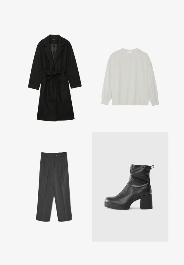 Even&Odd BELTED COAT - Klassikaline mantel - black; Hele halli pikkade varrukatega T-särk, mis on valmistatud pehmest puuvillast. Omab vaba lõiget, ümmargust kaelust ja õrnalt kogutud varrukaotsi. Muster ja graafika puuduvad.; Hallid ülikonnahaaridega hallid püksid, millel on volditud eesmine osa, kaks esimest taskut ja nupuga sulgemine, valmistatud tekstuurilisest kangast, laiad sääred.; Mustad mustad ansapüksid, mis on valmistatud siledast nahast, külje zipperiga, paksu tekstuuriga kontsaga ja ümmarguse nina disainiga.