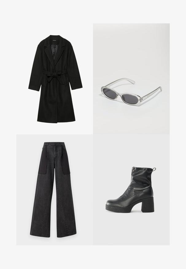 Even&Odd BELTED COAT - Klassischer Mantel - black; Helles graues Langarm-T-Shirt aus weicher Baumwolle. Mit lockerer Passform, Rundhalsausschnitt und sanft gerafften Bündchen. Keine Muster oder Grafiken.; Weite Jeans aus dunklem Denim mit schwarzen Stoffpaneelen an den Seiten, mit hoher Taille und sichtbaren Nähten.; Schwarze Stiefeletten aus glattem Leder mit seitlichem Reißverschluss, klobigem strukturiertem Absatz und runder Zehenform.; Sonnenbrille mit ovaler Form, klarem Kunststoffrahmen, dunkelgrauen Gläsern und dünnen transparenten Bügeln mit Logo-Akzenten und minimalen Details.