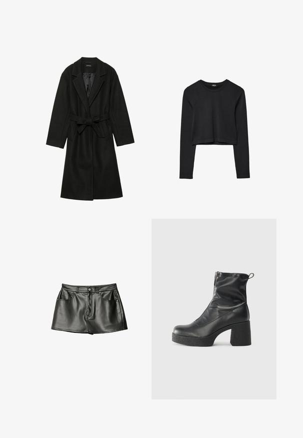 Even&Odd BELTED COAT - Klassisk frakke - black; Sort langærmet cropped top med rund halsudskæring, ensfarvet design og let buet kant.; Sort læder mini nederdel med en glat tekstur, der har to forlommer og metalknapdetaljer. Kort længde og klassisk snit.; Sorte ankelstøvler lavet af glat læder, med en sidelukning, kraftig struktureret hæl og rundt tådesign.